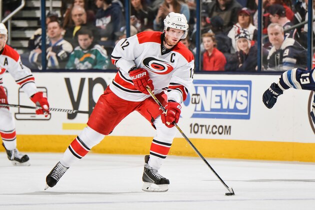 COLUMBUS, OH - MARCH 15:   Eric Staal #12 of the Carolina Hurricanes skates against the Columbus Blue Jackets on March 15, 2015 at Nationwide Arena in Columbus, Ohio.  (Photo by Jamie Sabau/NHLI via Getty Images)