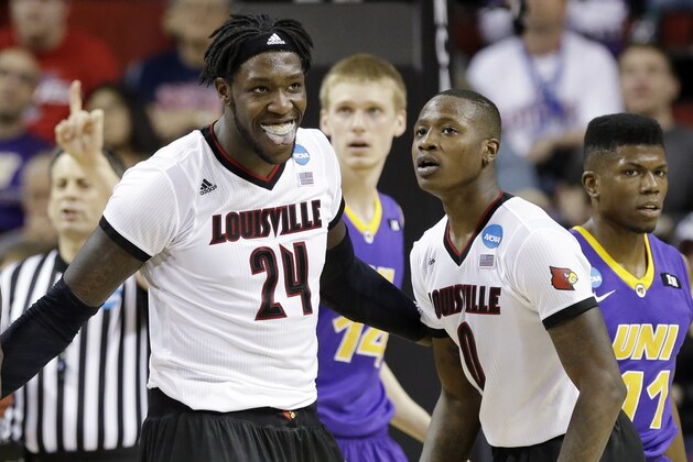 Louisville's Montrezl Harrell (24) and Terry Rozier in action against Northern Iowa in an NCAA tournament college basketball game in the Round of 32 in Seattle, Sunday, March 22, 2015. (AP Photo/Elaine Thompson)