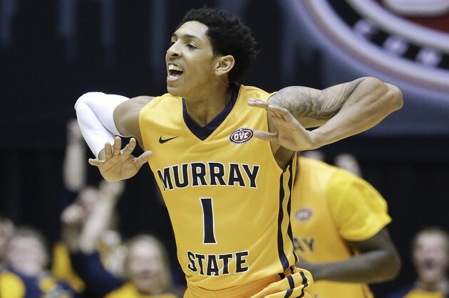 Murray State guard Cameron Payne celebrates after making a basket against Belmont during the second half of an NCAA college basketball game in the final of the Ohio Valley Conference tournament Saturday, March 7, 2015, in Nashville, Tenn. Belmont won 88-87. (AP Photo/Mark Humphrey)