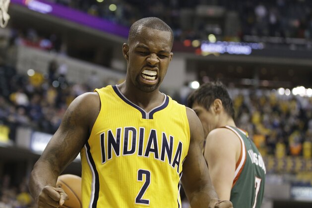 Indiana Pacers' Rodney Stuckey (2) reacts in overtime of an NBA basketball game against the Milwaukee Bucks, Thursday, March 12, 2015, in Indianapolis. Indiana won 109-103 in overtime. (AP Photo/Darron Cummings)