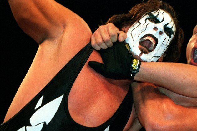 09 Oct 2000:  Sting (left) is held by Mike Sanders during their bout at the World Chamionship Wrestling ''Thunder Down Under'' night at the Sydney Entertainment Centre, Sydney, Australia. Mandatory Credit: Scott Barbour/ALLSPORT