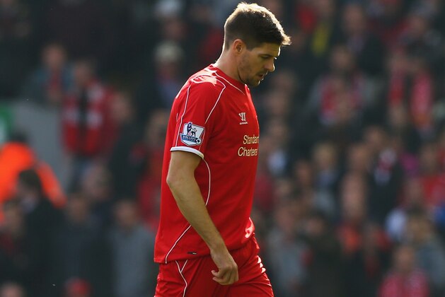 LIVERPOOL, ENGLAND - MARCH 22:  Steven Gerrard of Liverpool leaves the field after being sent off during the Barclays Premier League match between Liverpool and Manchester United at Anfield on March 22, 2015 in Liverpool, England.  (Photo by Alex Livesey/Getty Images)