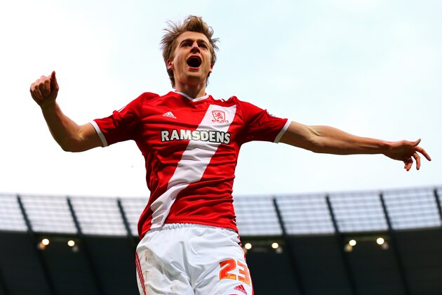 MANCHESTER, ENGLAND - JANUARY 24:  Patrick Bamford of Middlesbrough celebrates after scoring the opening goal during the FA Cup Fourth Round match between Manchester City and Middlesbrough at Etihad Stadium on January 24, 2015 in Manchester, England.  (Photo by Alex Livesey/Getty Images)