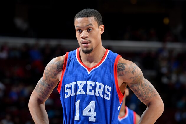 PHILADELPHIA, PA - FEBRUARY 7: K.J. McDaniels #14 of the Philadelphia 76ers stands on the court during a game against the Charlotte Hornets at Wells Fargo Center on February 7, 2015 in Philadelphia, Pennsylvania NOTE TO USER: User expressly acknowledges and agrees that, by downloading and/or using this Photograph, user is consenting to the terms and conditions of the Getty Images License Agreement. Mandatory Copyright Notice: Copyright 2015 NBAE (Photo by Jesse D. Garrabrant/NBAE via Getty Images)