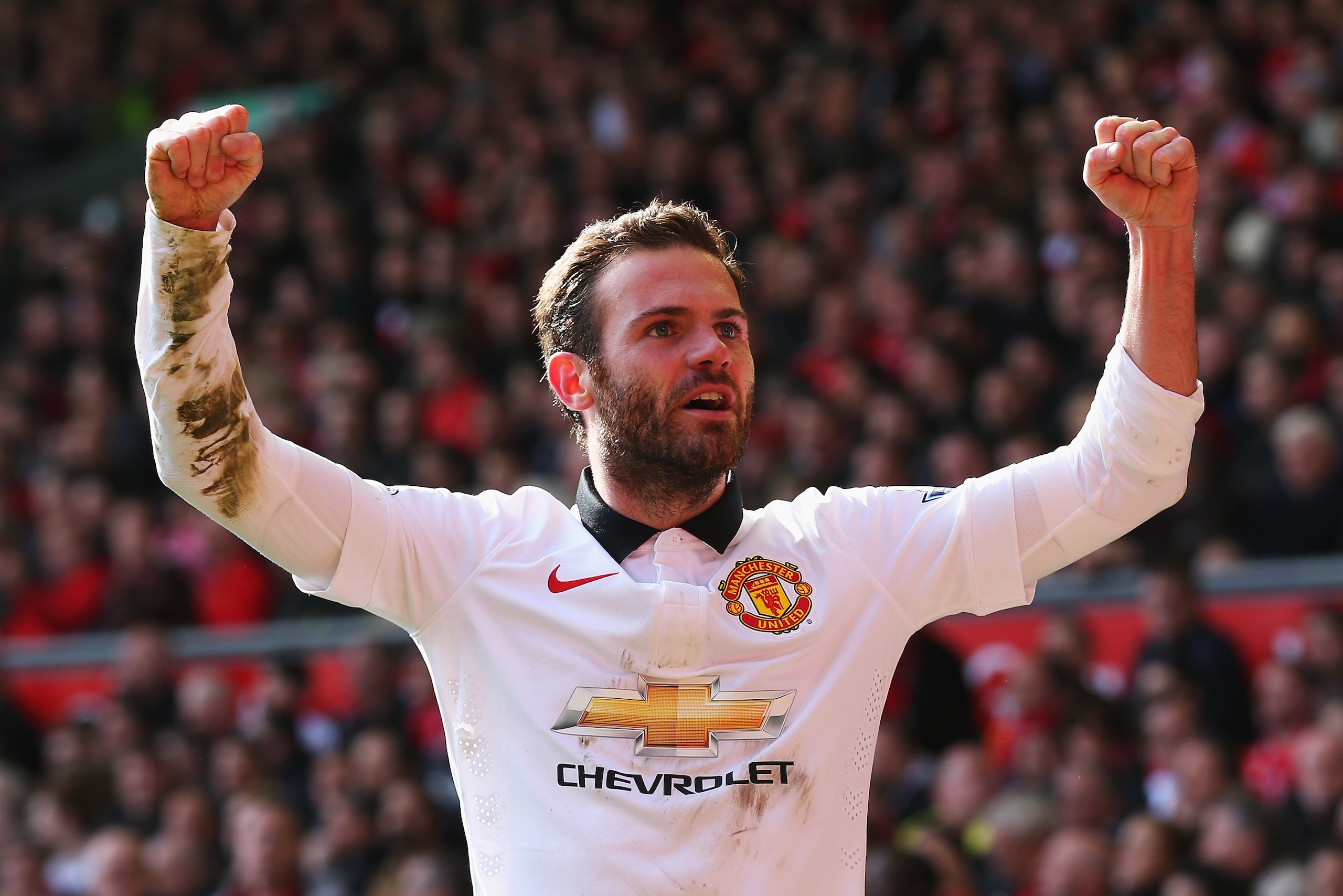 LIVERPOOL, ENGLAND - MARCH 22:  Juan Mata of Manchester United celebrates scoring his second goal during the Barclays Premier League match between Liverpool and Manchester United at Anfield on March 22, 2015 in Liverpool, England.  (Photo by Alex Livesey/Getty Images)