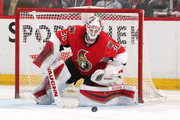 OTTAWA, ON - MARCH 21: Andrew Hammond #30 of the Ottawa Senators controls a rebound against the Toronto Maple Leafs at Canadian Tire Centre on March 21, 2015 in Ottawa, Ontario, Canada.  (Photo by Andre Ringuette/NHLI via Getty Images)