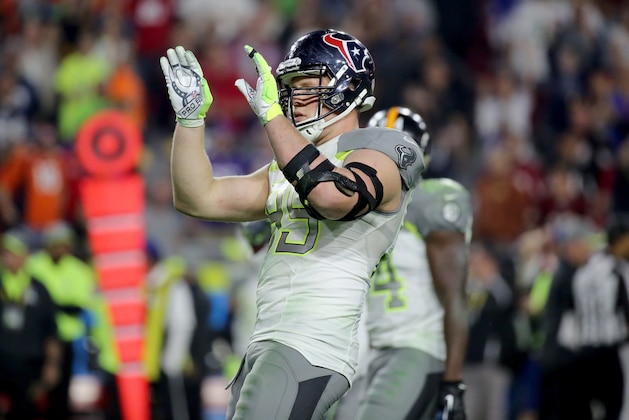 Team Carter's J.J. Watt #99 dances during a TV timeout against Team Irvin during the NFL Pro Bowl Game on Sunday, January 25, 2015 in Glendale, AZ. Team Irvin won the game (AP Photo/Gregory Payan)