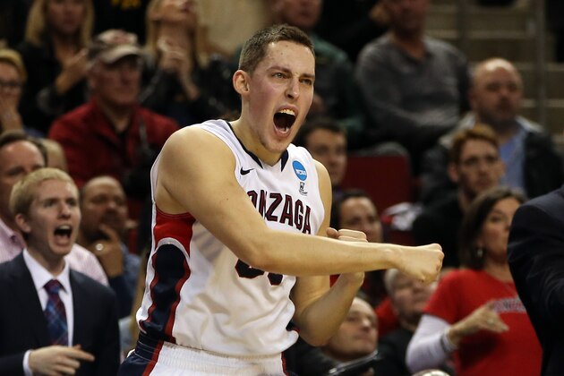 SEATTLE, WA - MARCH 22:  Kyle Wiltjer #33 of the Gonzaga Bulldogs reacts after points in the first half of the game against the Iowa Hawkeyes during the third round of the 2015 NCAA Men's Basketball Tournament at KeyArena on March 22, 2015 in Seattle, Washington.  (Photo by Otto Greule Jr/Getty Images)