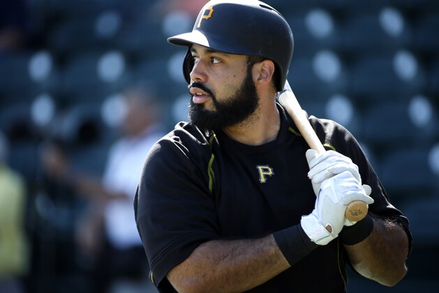 Pittsburgh Pirates' Pedro Alvarez waits his turn in the batting cage at McKechnie Field before an intrasquad spring training baseball game in Bradenton, Fla., Monday, March 2, 2015.  Alvarez did not play in the game. (AP Photo/Gene J. Puskar)
