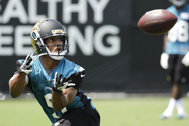 Jacksonville Jaguars receiver Nathan Slaughter catches a pass during an NFL football minicamp in Jacksonville, Fla., Tuesday, June 17, 2014. (AP Photo/John Raoux)