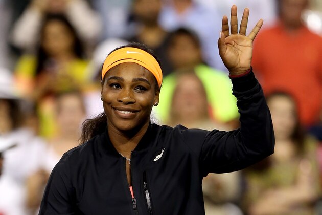 INDIAN WELLS, CA - MARCH 20: Serena Williams addresses the crowd after withdrawing from the tournament due to injury during day twelve of the BNP Paribas Open at the Indian Wells Tennis Garden on March 20, 2015 in Indian Wells, California.  (Photo by Matthew Stockman/Getty Images)