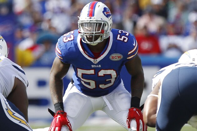 Buffalo Bills linebacker Nigel Bradham (53) defends against the San Diego Chargers during the first half of an NFL football game Sunday, Sept. 21, 2014, in Orchard Park, N.Y. (AP Photo/Bill Wippert)