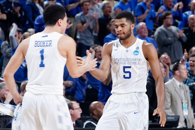 LOUISVILLE, KY - MARCH 21:  Teammates Devin Booker #1 and Andrew Harrison #5 of the Kentucky Wildcats react against the Cincinnati Bearcats during the third round of the 2015 NCAA Men's Basketball Tournament at KFC YUM! Center on March 21, 2015 in Louisville, Kentucky.  (Photo by Joe Robbins/Getty Images)