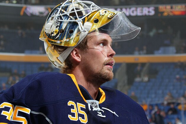 BUFFALO, NY - MARCH 14:  Anders Lindback #35 of the Buffalo Sabres warms up before a game against the New York Rangers on March 14, 2015 at the First Niagara Center in Buffalo, New York.  (Photo by Bill Wippert/NHLI via Getty Images)