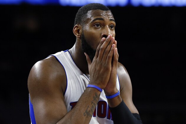 Detroit Pistons center Andre Drummond (0) reacts to a call against the Chicago Bulls in the first half of an NBA basketball game in Auburn Hills, Mich., Friday, Feb. 20, 2015. (AP Photo/Paul Sancya)