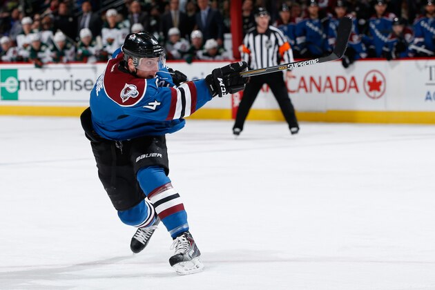 DENVER, CO - FEBRUARY 28:  Tyson Barrie #4 of the Colorado Avalanche takes a shot against the Minnesota Wild at Pepsi Center on February 28, 2015 in Denver, Colorado. The Wild defeated the Avalanche 3-1.  (Photo by Doug Pensinger/Getty Images)