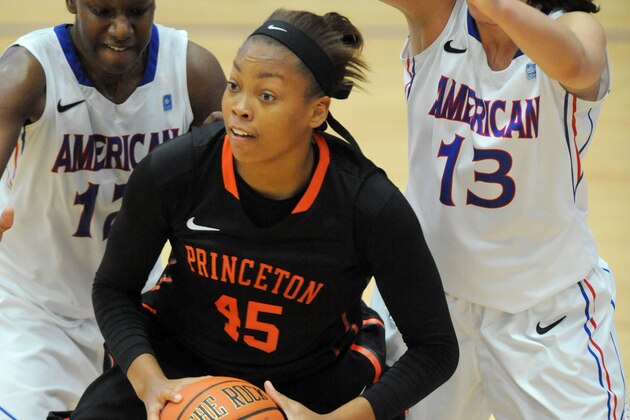 WASHINGTON, DC - NOVEMBER 23:  Leslie Robinson #45 of the Princeton Tigers with the ball during a women's college basketball game against the American University Eagles at Bender Arena on November 23, 2014 in Washington, DC.  Robinson is President Barack Obama's niece. (Photo by Mitchell Layton/Getty Images)