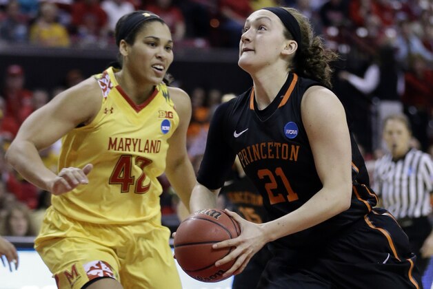 Princeton forward Alex Wheatley, right, drives to the basket past Maryland center Brionna Jones in the first half of an NCAA college basketball game in the second round of the NCAA tournament, Monday, March 23, 2015, in College Park, Md. (AP Photo/Patrick Semansky)