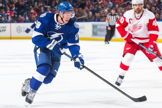 TAMPA, FL - JANUARY 29: Ondrej Palat #18 of the Tampa Bay Lightning skates against the Detroit Red Wings at the Amalie Arena on January 29, 2015 in Tampa, Florida.  (Photo by Scott Audette/NHLI via Getty Images)