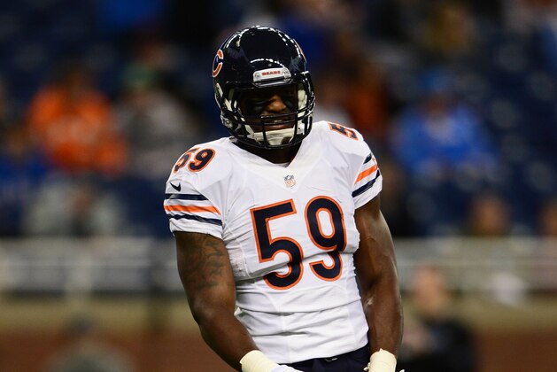 Nov 27, 2014; Detroit, MI, USA; Chicago Bears inside linebacker Christian Jones (59) against the Detroit Lions at Ford Field. Mandatory Credit: Andrew Weber-USA TODAY Sports