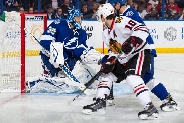 TAMPA, FL - FEBRUARY 27: Goalie Ben Bishop #30 of the Tampa Bay Lightning skates against the Chicago Blackhawks at the Amalie Arena on February 27, 2015 in Tampa, Florida.  (Photo by Scott Audette/NHLI via Getty Images)