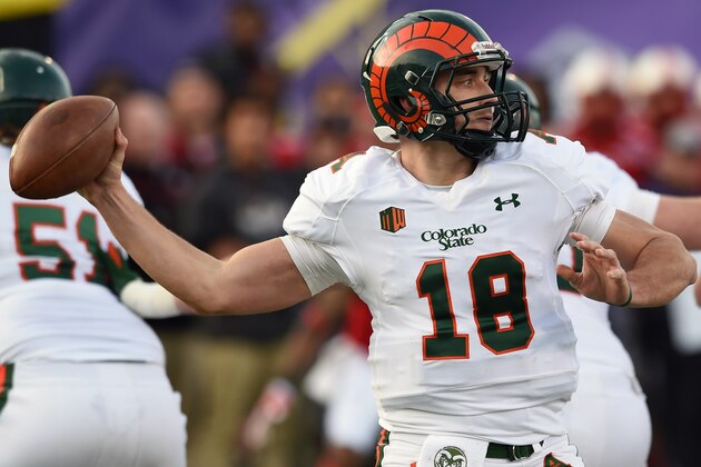 LAS VEGAS, NV - DECEMBER 20:  Quarterback Garrett Grayson #18 of the Colorado State Rams throws against the Utah Utes during the Royal Purple Las Vegas Bowl at Sam Boyd Stadium on December 20, 2014 in Las Vegas, Nevada. Utah won 45-10.  (Photo by Ethan Miller/Getty Images)