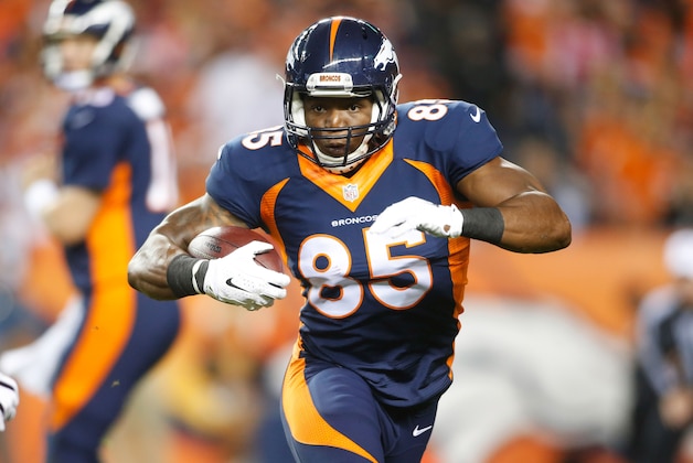 Oct 19, 2014; Denver, CO, USA; Denver Broncos tight end Virgil Green (85) during the game against the San Francisco 49ers at Sports Authority Field at Mile High. Mandatory Credit: Chris Humphreys-USA TODAY Sports