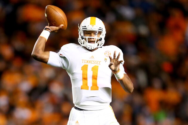 COLUMBIA, SC - NOVEMBER 01:  Joshua Dobbs #11 of the Tennessee Volunteers drops back to pass against the South Carolina Gamecocks during their game at Williams-Brice Stadium on November 1, 2014 in Columbia, South Carolina.  (Photo by Streeter Lecka/Getty Images)