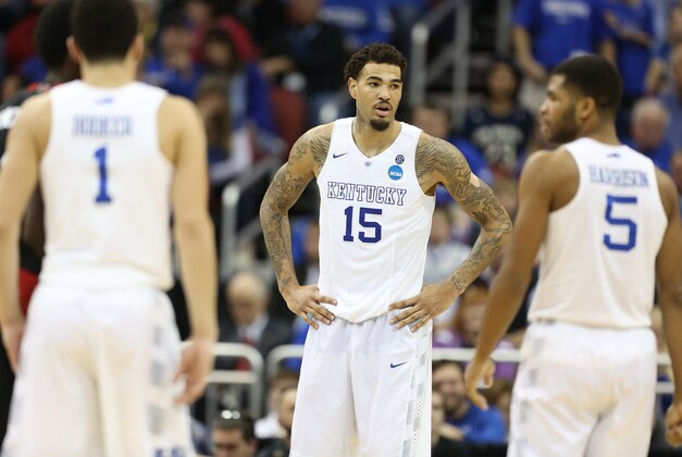 Mar 21, 2015; Louisville, KY, USA; Kentucky Wildcats forward Willie Cauley-Stein (15) looks on during the second half against the Cincinnati Bearcats in the third round of the 2015 NCAA Tournament at KFC Yum! Center. Mandatory Credit: Brian Spurlock-USA TODAY Sports