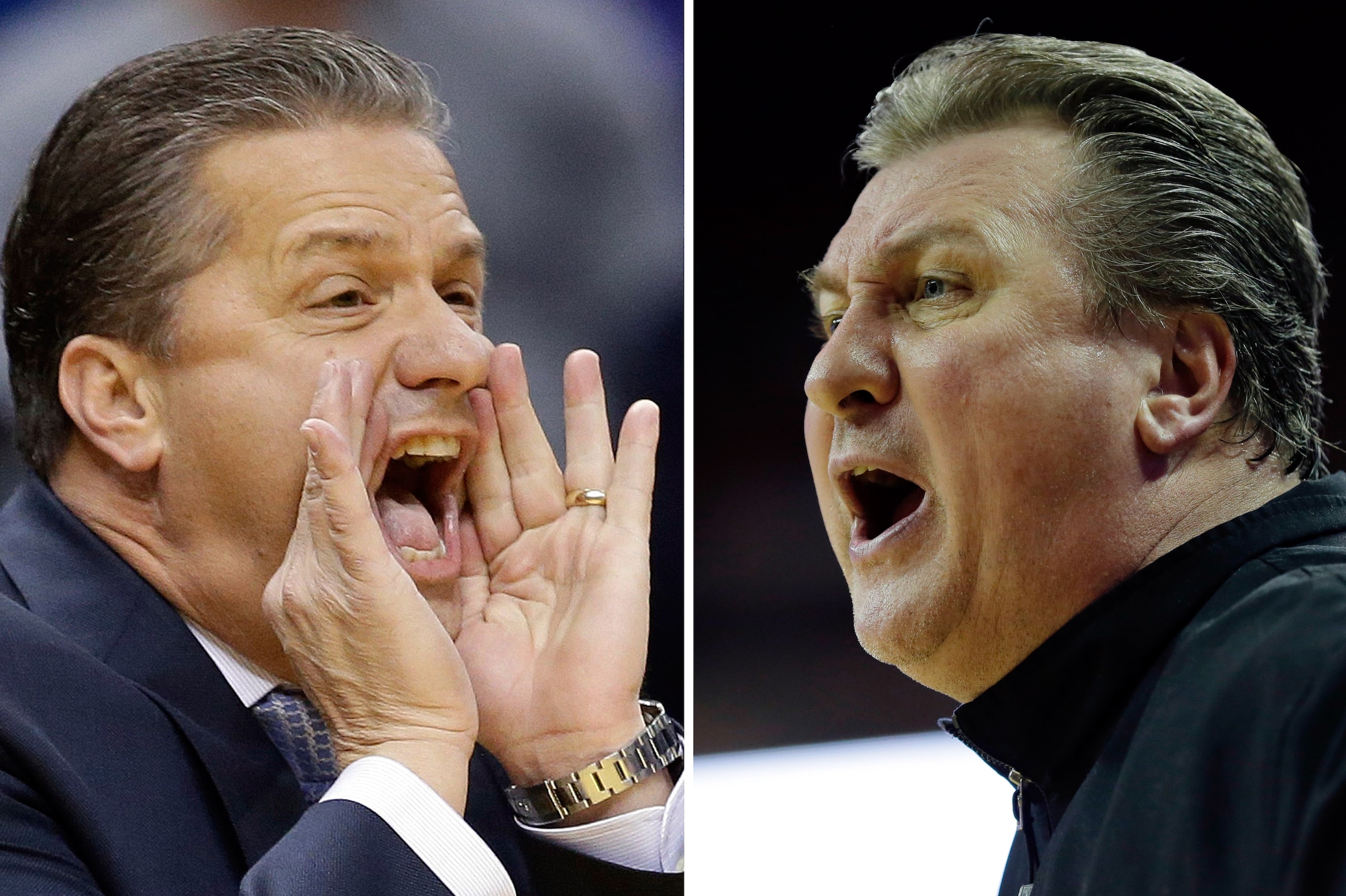 FILE - At left, in a Nov. 18, 2014, file photo, Kentucky head coach John Calipari shouts instructions during the first half of an NCAA college basketball game against Kansas in Indianapolis. At right, in a Feb. 15, 2014, file photo, West Virginia coach Bob Huggins shouts during the second half of an NCAA college basketball game against Texas in Austin, Texas. Kentucky and West Virginia play on Thursday, March 26, 2015, in the regional semifinals of the NCAA Tournament in Cleveland. (AP Photo/File)