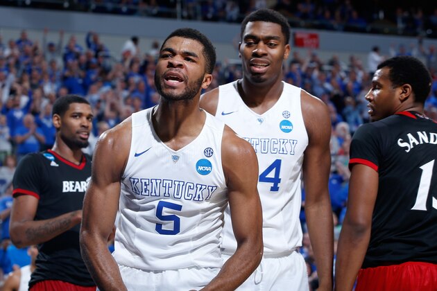 LOUISVILLE, KY - MARCH 21:  Andrew Harrison #5 of the Kentucky Wildcats reacts against the Cincinnati Bearcats during the third round of the 2015 NCAA Men's Basketball Tournament at KFC YUM! Center on March 21, 2015 in Louisville, Kentucky.  (Photo by Joe Robbins/Getty Images)