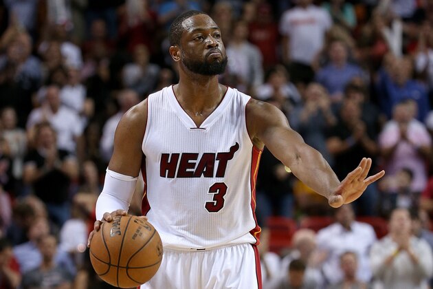 MIAMI, FL - MARCH 16: Dwyane Wade #3 of the Miami Heat slows down the offense during a game against the Cleveland Cavaliers at American Airlines Arena on March 16, 2015 in Miami, Florida. NOTE TO USER: User expressly acknowledges and agrees that, by downloading and/or using this photograph, user is consenting to the terms and conditions of the Getty Images License Agreement. Mandatory copyright notice:  (Photo by Mike Ehrmann/Getty Images)