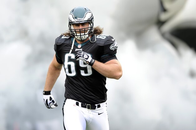 Philadelphia Eagles guard Evan Mathis enters the field before an NFL football game against the Atlanta Falcons, Sunday, Oct. 28, 2012, in Philadelphia. (AP Photo/Michael Perez)