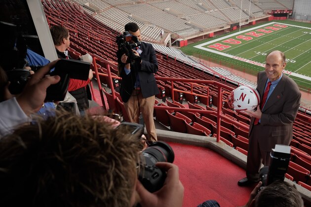 LINCOLN, NE - DECEMBER 5:  Mike Riley, newly hired head football coach at the University of Nebraska, talks with members of the media during a press conference inside Memorial Stadium December 5, 2014 in Lincoln, Nebraska.   (Photo by Eric Francis/Getty Images)