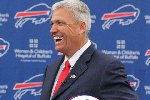 Rex Ryan smiles after an NFL football news conference where he was introduced as the new head coach of the Buffalo Bills, Wednesday, Jan. 14, 2015, in Orchard Park, N.Y. (AP Photo/Bill Wippert)