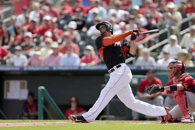 Miami Marlins' Giancarlo Stanton flies out during the first inning of an exhibition spring training baseball game against the St. Louis Cardinals Thursday, March 5, 2015, in Jupiter, Fla. Stanton is wearing a newly designed helmet this season featuring a half-facemask to protect the left side of his face after he broke his orbital bone and damaged five teeth while being hit by a pitch ending his 2014 season. (AP Photo/Jeff Roberson)