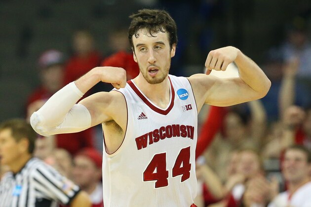 OMAHA, NE - MARCH 22: Frank Kaminsky #44 of the Wisconsin Badgers reacts during the third round of the 2015 NCAA Men's Basketball Tournament at the CenturyLink Center on March 22, 2015 in Omaha, Nebraska  (Photo by Ronald Martinez/Getty Images)
