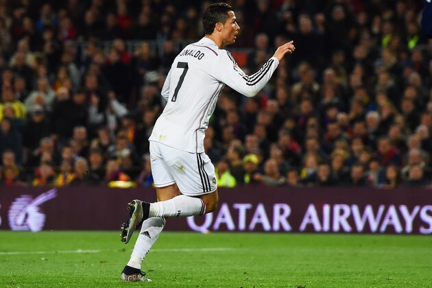 BARCELONA, SPAIN - MARCH 22:  Cristiano Ronaldo of Real Madrid CF celebrates as he scores their first and equalising goal during the La Liga match between FC Barcelona and Real Madrid CF at Camp Nou on March 22, 2015 in Barcelona, Spain.  (Photo by David Ramos/Getty Images)
