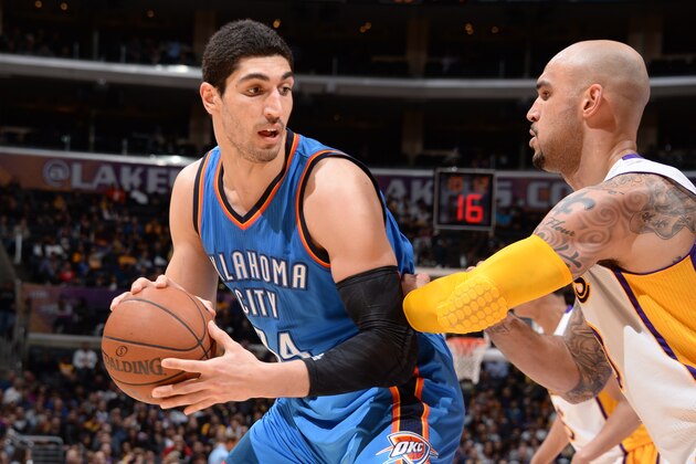 LOS ANGELES, CA - MARCH 1:  Enes Kanter #34 of the Oklahoma City Thunder handles the ball against the Los Angeles Lakers on March 1, 2015 at Staples Center in Los Angeles, California. NOTE TO USER: User expressly acknowledges and agrees that, by downloading and or using this Photograph, user is consenting to the terms and conditions of the Getty Images License Agreement. Mandatory Copyright Notice: Copyright 2015 NBAE (Photo by Andrew D. Bernstein/NBAE via Getty Images)