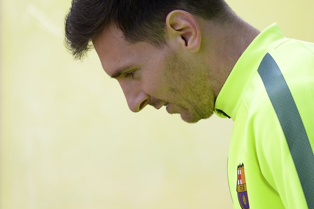 FC Barcelona's Lionel Messi from Argentina attends a training session at the Sports Center FC Barcelona Joan Gamper in San Joan Despi, Spain, Tuesday, March 17, 2015. FC Barcelona will play against Manchester City in a Champions League on Wednesday March 18. (AP Photo/Manu Fernandez)