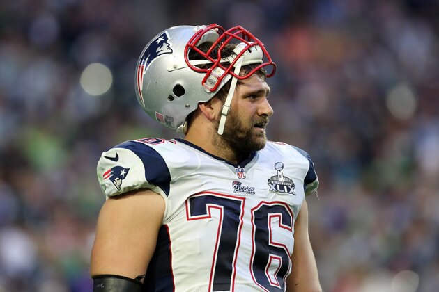 New England Patriots Sebasitan Vollmer #76 is seen before NFL Super Bowl XLIX football game against the Seattle Seahawks on Sunday, Feb. 1, 2015, in Glendale, Ariz.  (AP Photo/Gregory Payan)