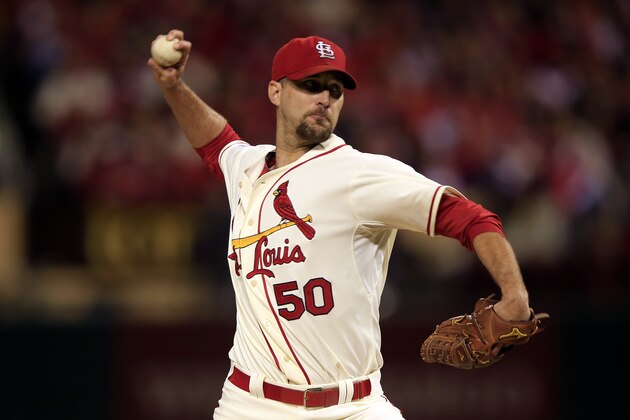 ST LOUIS, MO - OCTOBER 11:  Adam Wainwright #50 of the St. Louis Cardinals pitches against the San Francisco Giants during Game One of the National League Championship Series at Busch Stadium on October 11, 2014 in St Louis, Missouri.  (Photo by Jamie Squire/Getty Images)