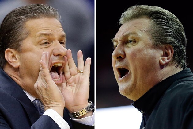 FILE - At left, in a Nov. 18, 2014, file photo, Kentucky head coach John Calipari shouts instructions during the first half of an NCAA college basketball game against Kansas in Indianapolis. At right, in a Feb. 15, 2014, file photo, West Virginia coach Bob Huggins shouts during the second half of an NCAA college basketball game against Texas in Austin, Texas. Kentucky and West Virginia play on Thursday, March 26, 2015, in the regional semifinals of the NCAA Tournament in Cleveland. (AP Photo/File)