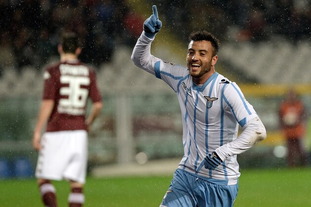 Lazio's Felipe Anderson celebrates after scoring during a Serie A soccer match between Torino and Lazio at the Olympic stadium, in Turin, Italy, Monday, March 16, 2015. (AP Photo/Massimo Pinca)