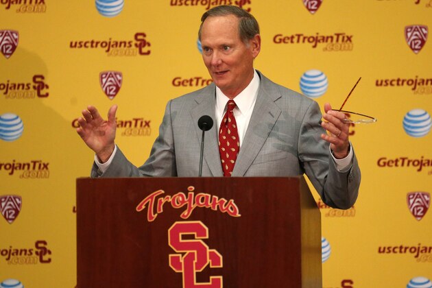 LOS ANGELES, CA - DECEMBER 03: 
USC Athletic Director Pat Haden speaks at a press conference introducing Steve Sarkisian as the new USC  head football coach at the John McKay Center at the University of Southern California on December 3, 2013 in Los Angeles, California.  (Photo by Stephen Dunn/Getty Images)