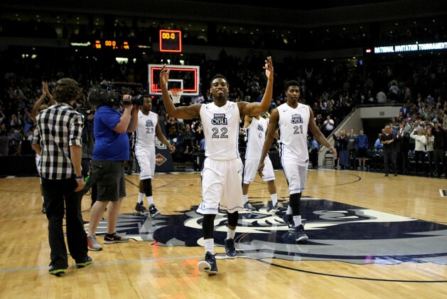 Old Dominion's Ambrose Mosley (22) celebrates after their 50-49 win over Illinois State in an NCAA college basketball game  in the National Invitation Tournament, Monday, March 23, 2015, in Norfolk, Va.  (AP Photo/Jason Hirschfeld)