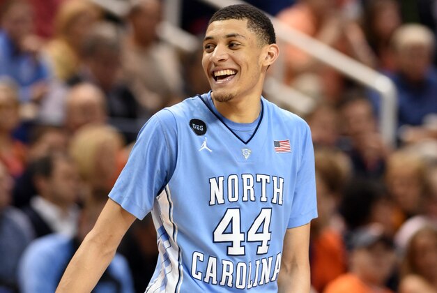 Mar 13, 2015; Greensboro, NC, USA; North Carolina Tar Heels guard/forward Justin Jackson (44) celebrates during game against the Virginia Cavaliers in the second half during the semifinals of the ACC Tournament at Greensboro Coliseum. The North Carolina Tar Heels won 71-67. Mandatory Credit: Evan Pike-USA TODAY Sports