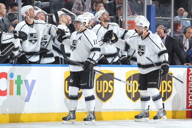 NEW YORK, NY - MARCH 24:  Anze Kopitar #11 and Jake Muzzin #6 of the Los Angeles Kings celebrate after a third period goal against the New York Rangers at Madison Square Garden on March 24, 2015 in New York City. (Photo by Jared Silber/NHLI via Getty Images)