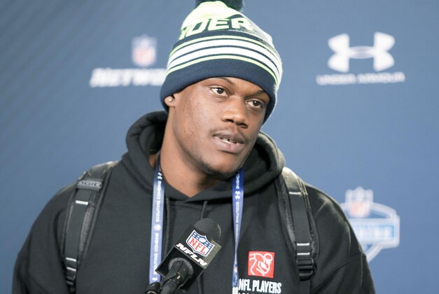 Feb 21, 2015; Indianapolis, IN, USA; Nebraska defensive lineman Randy Gregory talks to the media at the 2015 NFL Combine at Lucas Oil Stadium. Mandatory Credit: Trevor Ruszkowski-USA TODAY Sports