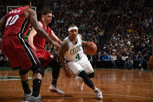 BOSTON, MA - MARCH 25:  Isaiah Thomas #4 of the Boston Celtics drives to the basket against the Miami Heat on March 25, 2015 at TD Garden in Boston, Massachusetts.  NOTE TO USER: User expressly acknowledges and agrees that, by downloading and or using this Photograph, user is consenting to the terms and conditions of the Getty Images License Agreement. Mandatory Copyright Notice: Copyright 2015 NBAE (Photo by Brian Babineau/NBAE via Getty Images)